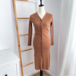 L'agence Maci Duster Cardigan Ribbed Button Front Midi Dress Fitted Camel Brown